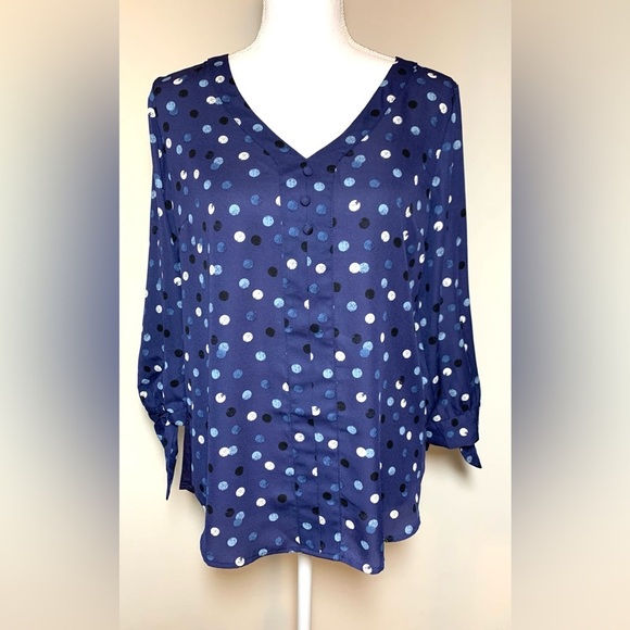 NWOT Fortune & Ivy Polka Dot Boho Blouse Top V-Neck 3/4 Tie Sleeves Women Medium - Picture 1 of 8